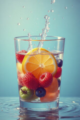 Wall Mural - Fresh fruit splash in glass of water, featuring vibrant colors and refreshing look. scene evokes sense of summer and vitality