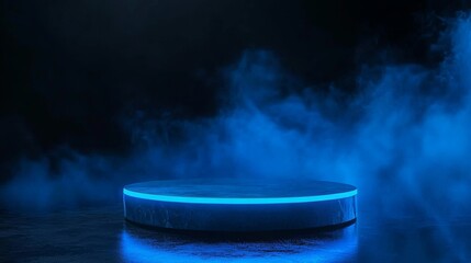 Wall Mural - the image of a glowing blue technical disc is used as a podium to present high-tech products, convey