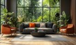© Vergiliy - Modern living room with large windows and lush greenery, featuring stylish furniture