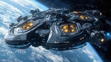 Poster - A starry sky filled with nebulae and galaxies serves as the cinematic still background for massive battleships and an HDR futuristic space battleship