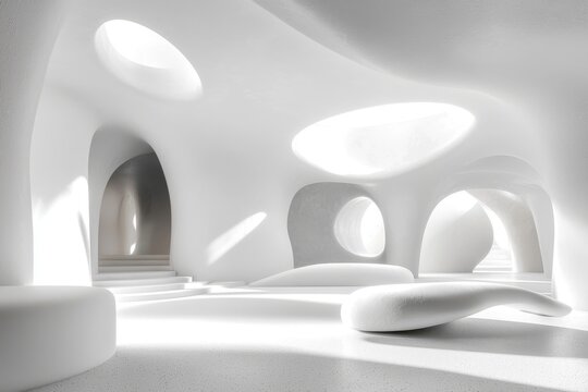 A modern architectural interior design incorporates minimal geometric shapes and futuristic technology, set against an abstract white background featuring wavy lines and a building
