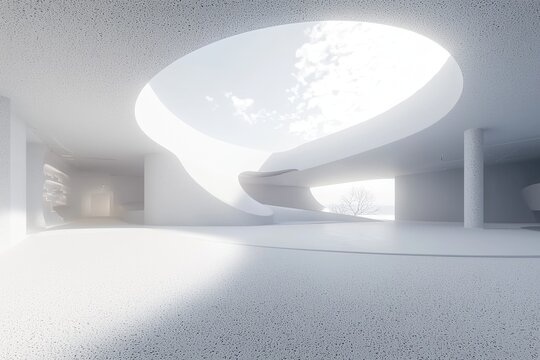 In a modern architectural interior design, minimal geometric shapes and futuristic technology converge, all set on an abstract white background that features a building and wavy lines