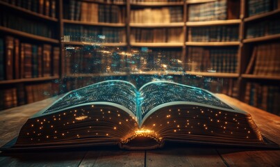 Poster - Magical open book with glowing text and digital effects in library setting