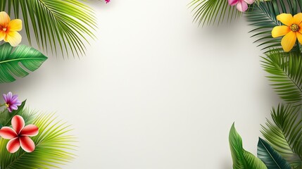 Poster - Vibrant tropical border featuring lush palm leaves and colorful flowers, ideal for summer event invitations, tropical party flyers, or travel-themed designs.