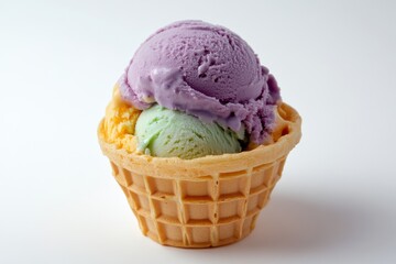 Aufkleber - Colorful ice cream in a waffle cone served as a delightful dessert on a bright background