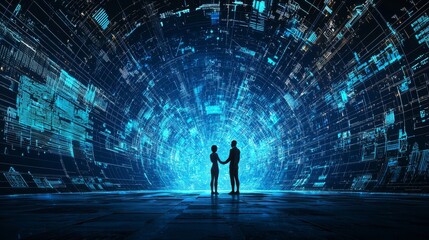 Poster - A futuristic communication concept is portrayed through a 3D rendering of a man wearing virtual glasses and shaking hands with a holographic figure in a virtual cyberspace environment
