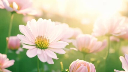 Fototapete - A bunch of white flowers are in a field. The sun is shining on them. The flowers are in a field with green grass