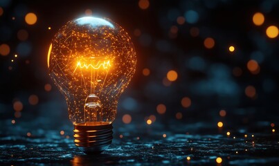 Poster - illuminated light bulb with glowing network connections and bokeh background