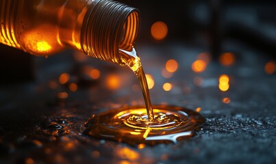 Poster - Golden liquid pouring from bottle creating ripples on dark surface with glowing bokeh