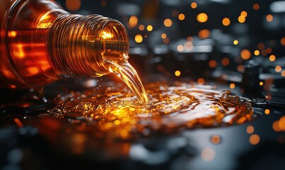 Poster - Liquid pouring from bottle creating ripples and splashes in dark industrial setting