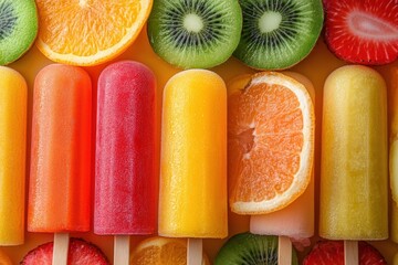Poster - Colorful frozen treats and fresh fruit slices arranged on a bright background during a sunny day