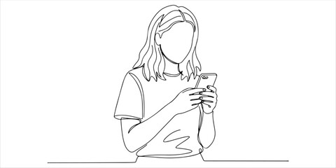 young woman or teenager using smartphone continuous single line art drawing sketch on white background
