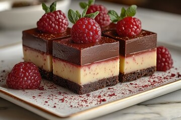 Poster - Deliciously layered dessert with chocolate, raspberry, and creamy filling served on a white plate