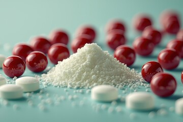 Poster - Red candy balls and white granulated sugar create a sweet and colorful display on a turquoise background