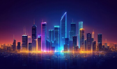 Poster - Futuristic city skyline at night with vibrant neon lights and reflections
