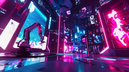 Poster - This digital creation showcases a visionary scene of a captivating futuristic setting with neon lights illuminating a hallway filled with digital pipelines and intricate architectural geometry,