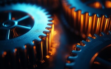 Poster - A close-up perspective highlights the intricate details of blue mechanical gears with glowing accents in a futuristic environment