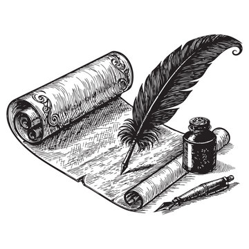 Vintage paper or parchment set with feather pen woodcut engraving vector illustration
