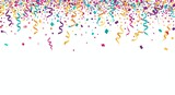 Confetti Rain: A vibrant explosion of colorful confetti and serpentine streamers cascade downwards, creating a festive and cheerful atmosphere, symbolizing celebration and joy.