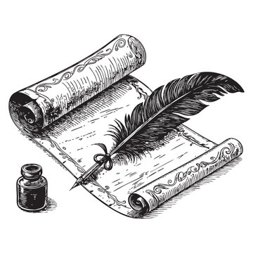 Vintage paper or parchment set with feather pen woodcut engraving vector illustration