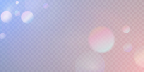 Poster - Soft pastel bokeh lights float on a transparent background, blending pink and blue hues into a dreamy glow. Perfect for magical overlays, romantic designs, or fairy-tale effects.