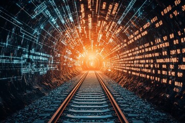 Aufkleber - A futuristic tunnel illuminated by vibrant orange and blue lights, perfect for a sci-fi design