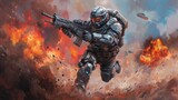 Illustration painting in digital art style showing a futuristic soldier sprinting away from an enormous explosion