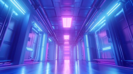 Poster - a hallway with a futuristic design featuring glowing pink and blue neon lights