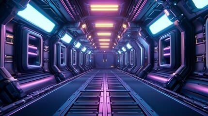 Poster - a futuristic setting is created by the glowing pink and blue neon lights in the hallway
