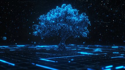 Poster - a brilliant blue and orange glow emanates from an electric tree structure, serving as a symbol of th