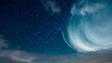 Poster - The sky is dark blue with a few clouds. There are many stars in the sky. The stars are scattered all over the sky