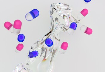 Poster - Pink and blue capsules floating above a reflective, fluid-like surface against a light background, creating a dynamic and futuristic digital scene.