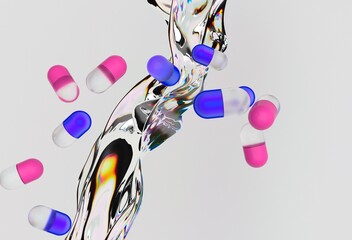 Poster - Pink and blue capsules floating above a reflective, fluid-like surface against a light background, creating a dynamic and futuristic digital scene.