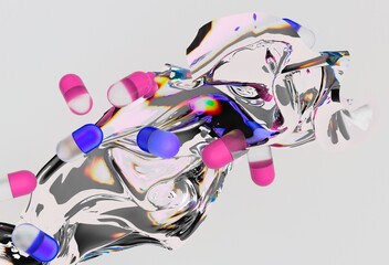 Poster - Pink and blue capsules floating above a reflective, fluid-like surface against a light background, creating a dynamic and futuristic digital scene.
