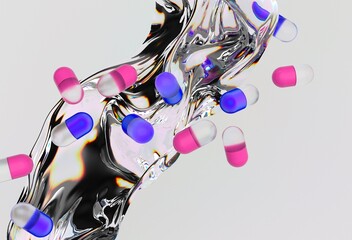 Poster - Pink and blue capsules floating above a reflective, fluid-like surface against a light background, creating a dynamic and futuristic digital scene.
