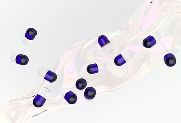 Poster - Blue and white capsules float in mid-air against a swirled, liquid-like background, creating a dynamic and fluid 3D illustration with a modern, abstract feel.