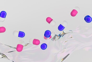 Poster - Pink and blue capsules float above a swirling, liquid-like background in a vibrant 3D illustration, creating a dynamic and modern visual with an abstract and futuristic feel.