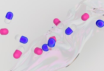 Poster - Pink and blue capsules float above a swirling, liquid-like background in a vibrant 3D illustration, creating a dynamic and modern visual with an abstract and futuristic feel.