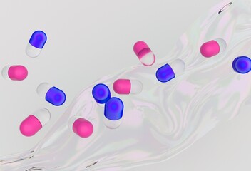 Poster - Pink and blue capsules float above a swirling, liquid-like background in a vibrant 3D illustration, creating a dynamic and modern visual with an abstract and futuristic feel.