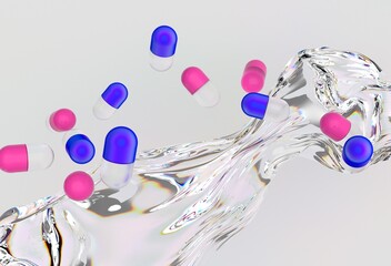Poster - Pink and blue capsules float above a swirling, liquid-like background in a vibrant 3D illustration, creating a dynamic and modern visual with an abstract and futuristic feel.