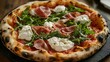 © Pedro - Wood-fired artisan pizza topped with prosciutto, fresh arugula, and burrata cheese on rustic board