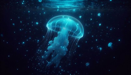 Wall Mural - glowing jellyfish – bioluminescent jellyfish floating in a dar
