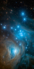 Wall Mural - bright blue stars shine through clouds of interstellar dust deep in space.