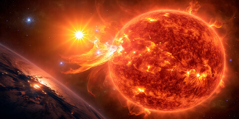 Wall Mural - the fiery surface of the hypergiant star emits a powerful coronal flare toward a neighboring planet.