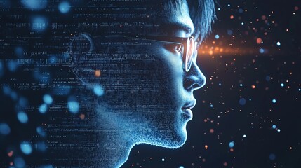 Poster - Digital Mind' depicts a young man with his face overlaid by a vibrant cityscape, signifying the integration of technology and human potential in a visionary portrait