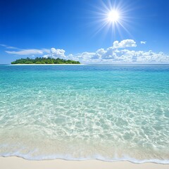 gentle waves crashing a serene tropical beach scene with crystal clear water, soft sand, and a brigh