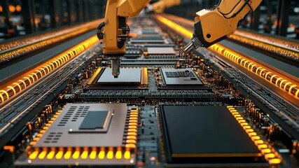 Aufkleber - Robotic arms assembling microchips in a high-tech manufacturing facility during a bright day