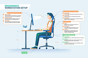 ergonomics workstation setup. a businessman working on a laptop in an office, sitting at a desk with