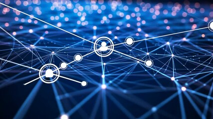 Poster - Digital network connection with glowing nodes and lines on a blue background illustrating data flow and technology