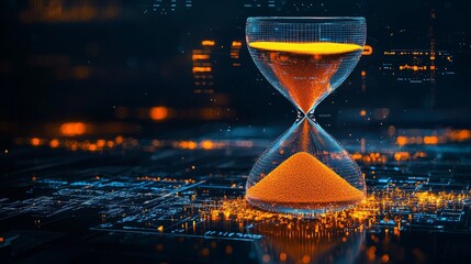 Poster - a futuristic hourglass filled with radiant sand stands out against a dark backdrop, embodying time, 
